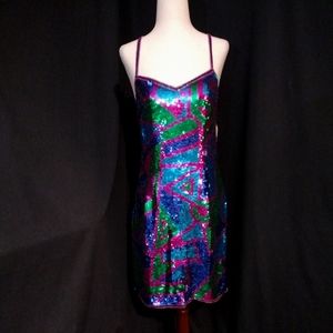 VTG NWT Night Vogue Sleeveless X-Back Sequin/Beaded Dress Pink Blue Green Sz XL